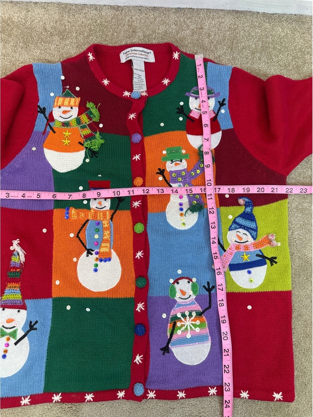 VTG Women’s Sz L Tiara International Red Ugly Christmas Sweater Snowmen Holiday - Picture 7 of 7